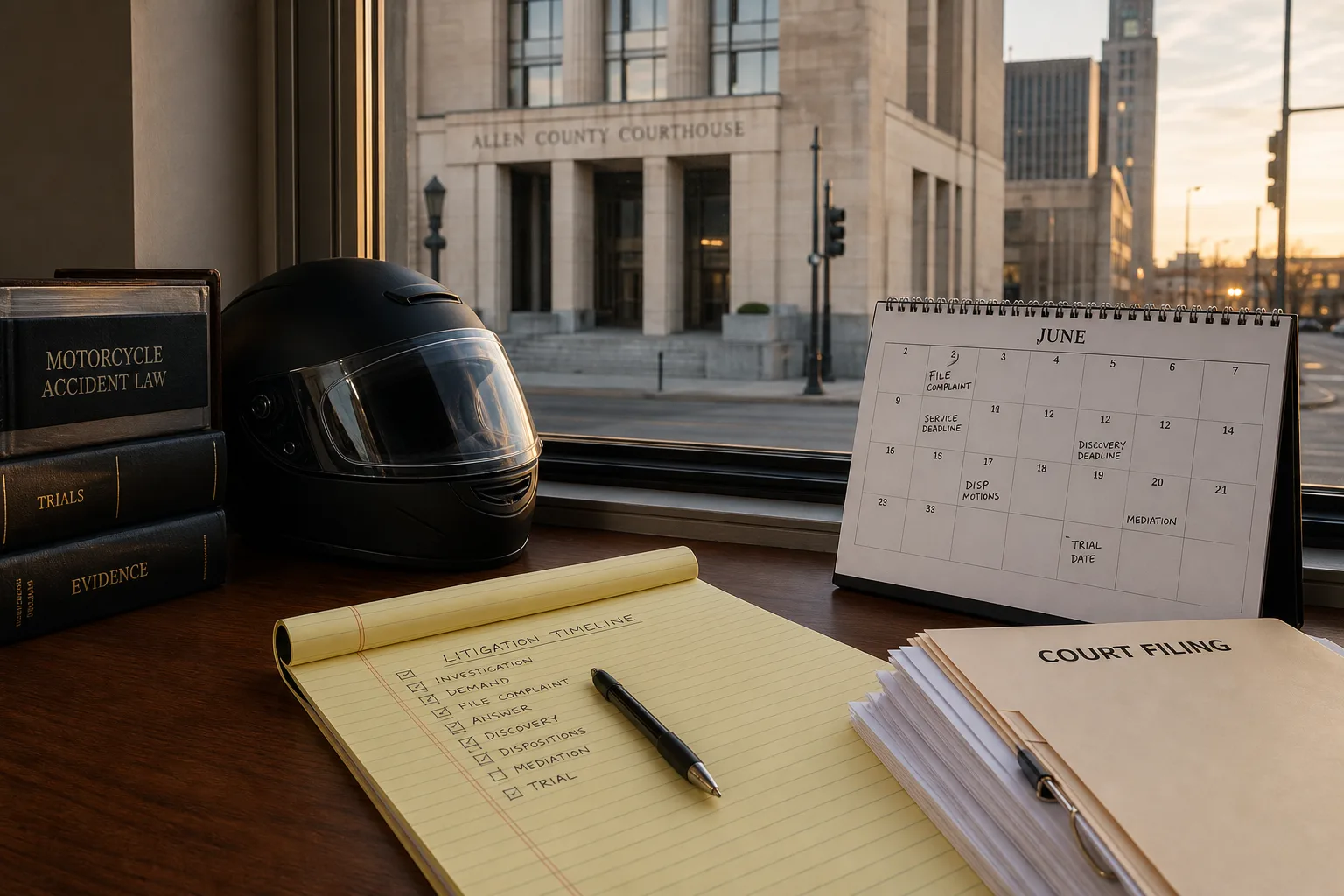 Motorcycle claim litigation timeline near the Allen County Courthouse