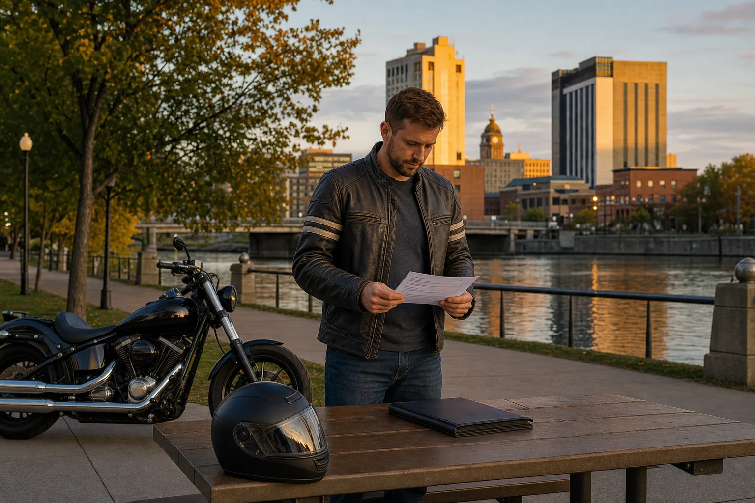 Motorcyclist reviewing settlement closure documents at Promenade Park in Fort Wayne