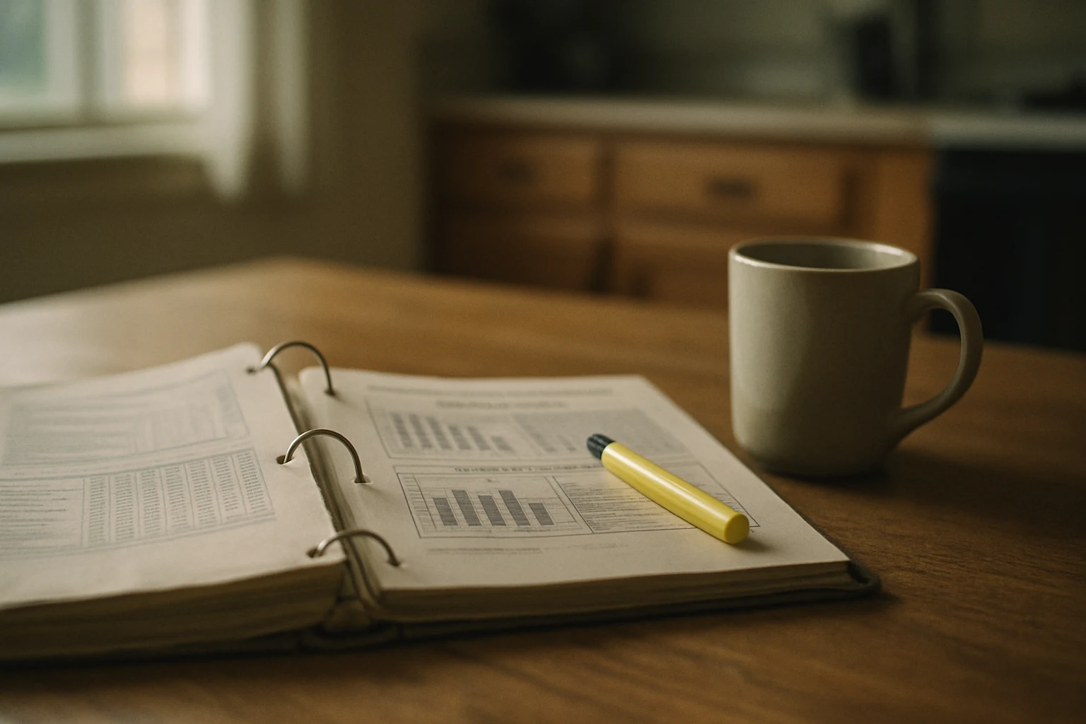 A worn binder of Indiana traffic crash statistics open on a Fort Wayne kitchen table
