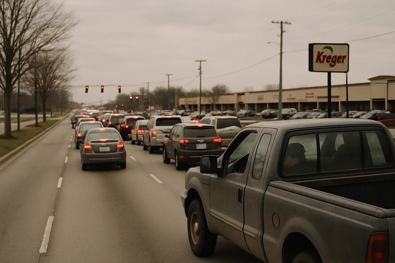 Heavy traffic backed up at a Coliseum Boulevard intersection in Fort Wayne on an overcast afternoon