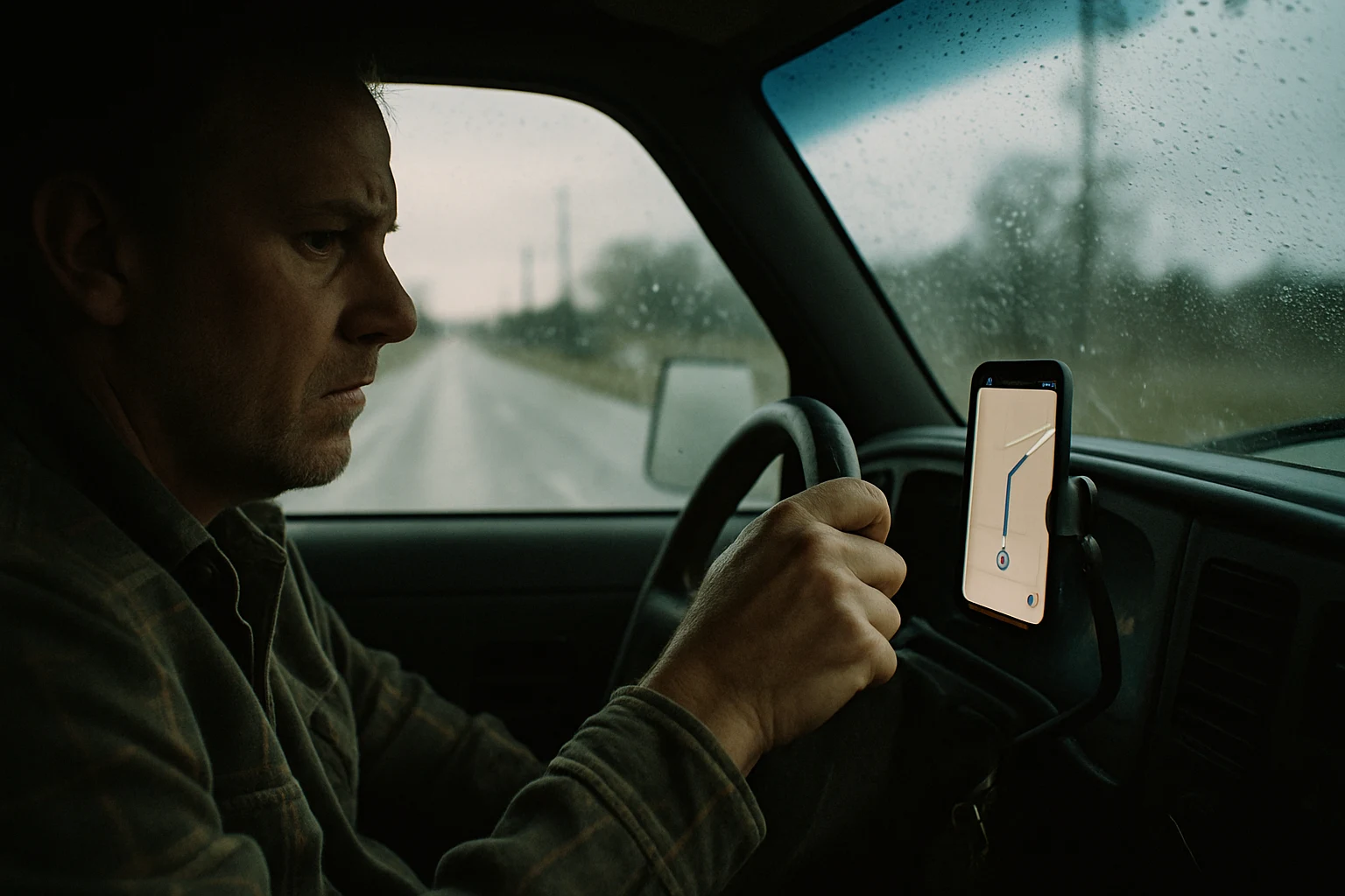 Driver's hand resting on a steering wheel with a smartphone glowing on the dashboard of a pickup truck in Indiana