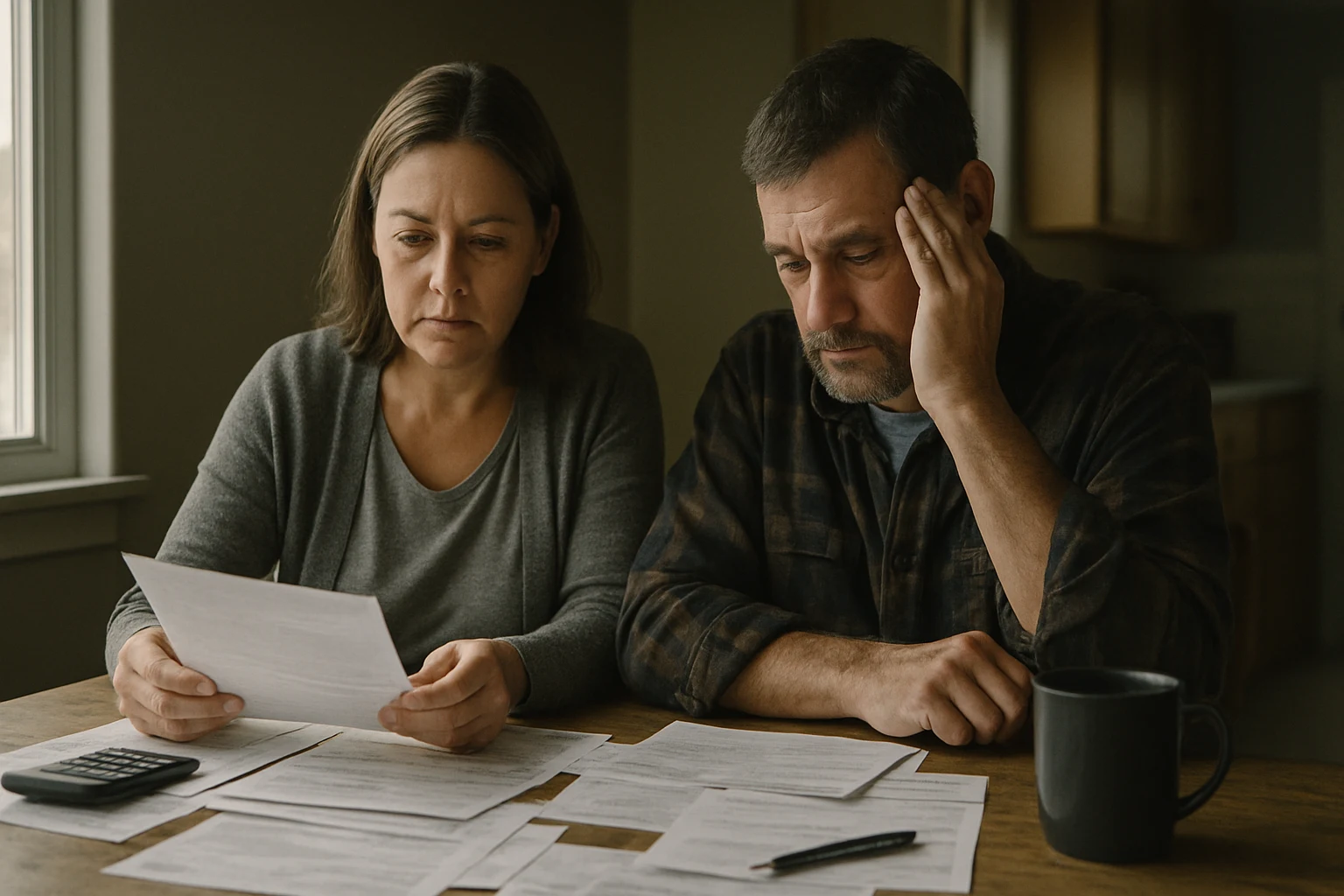 A Fort Wayne household sorting medical bills and insurance EOB statements on a dining-room table
