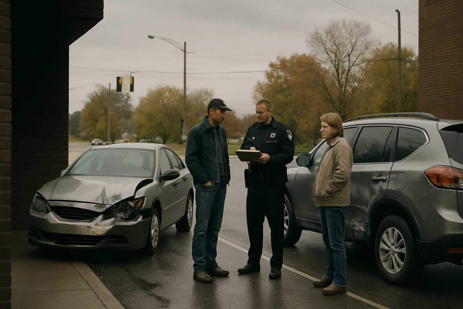 Two damaged cars at a Fort Wayne intersection with a responding police officer taking statements