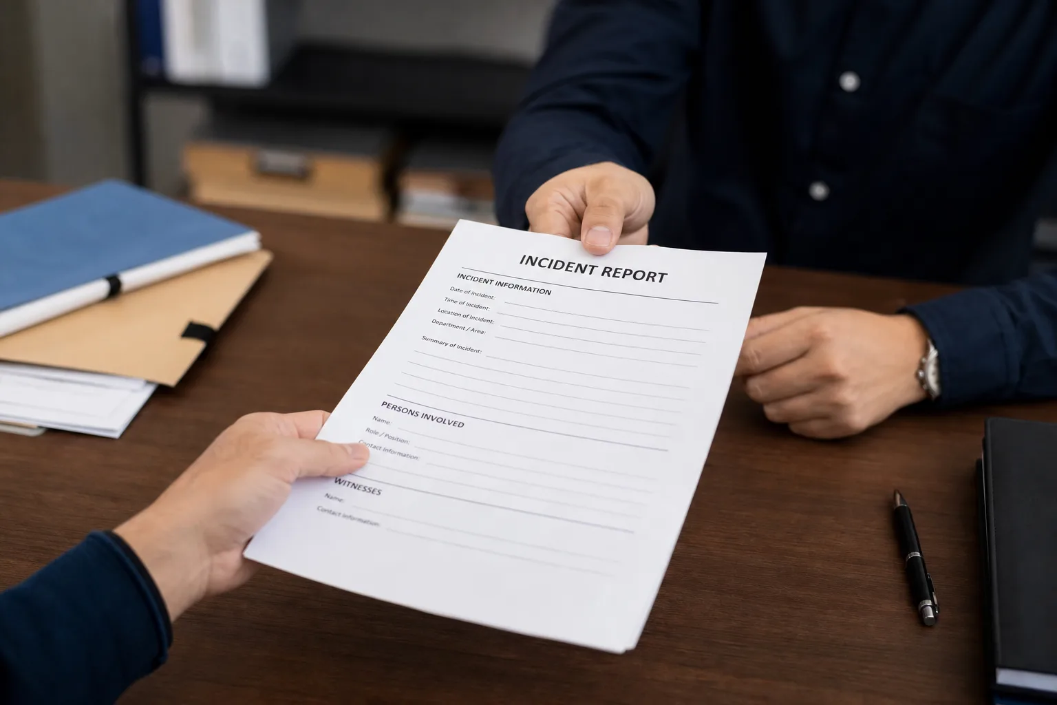 Employer completing a workplace incident report form after an injury is reported