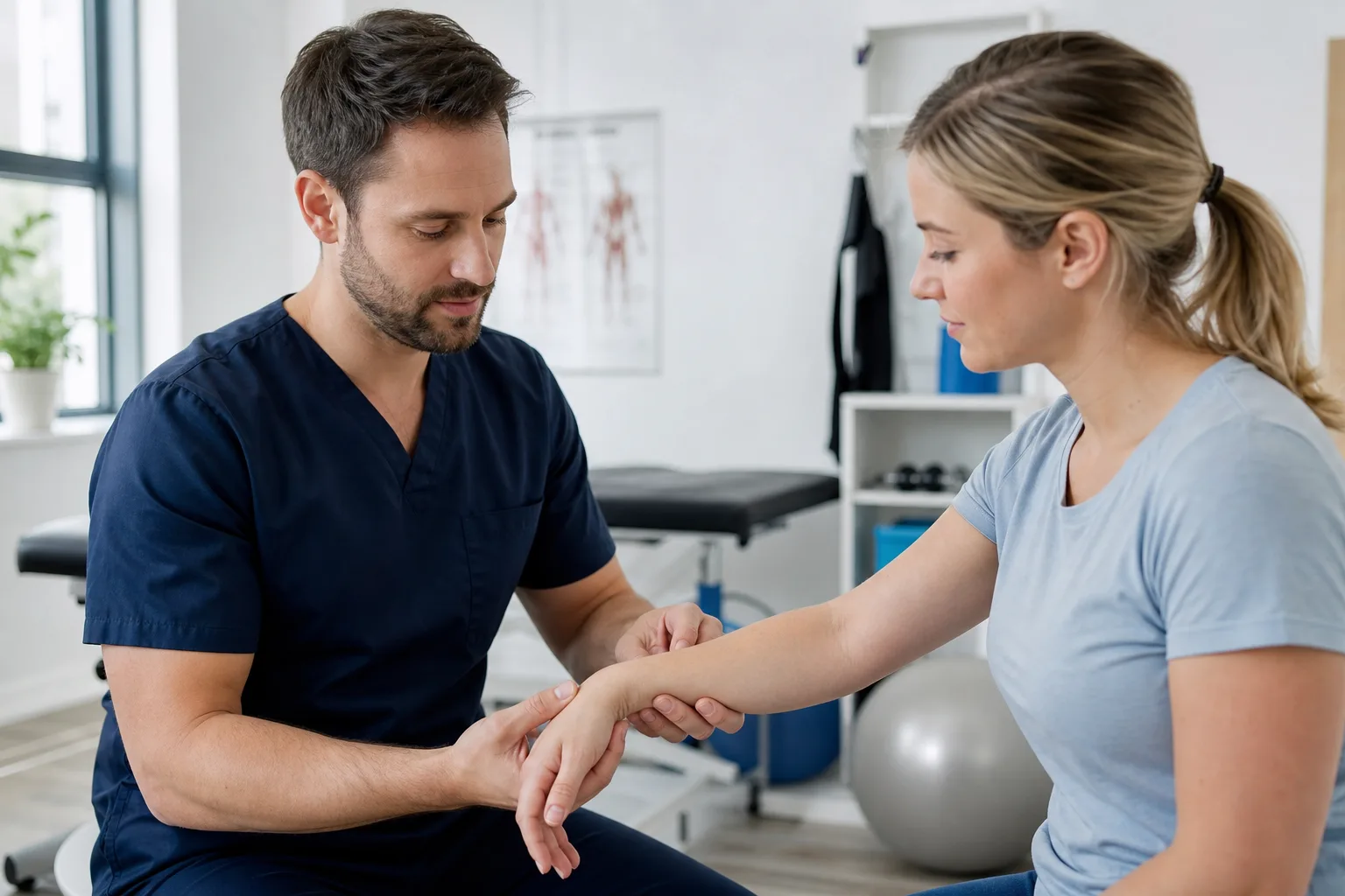 Doctor examining a worker's wrist for a repetitive strain work injury