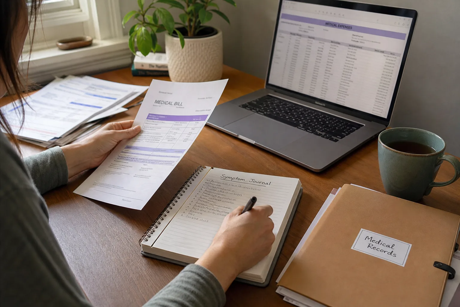 Injured worker organizing medical records and a symptom log for a workers' compensation claim