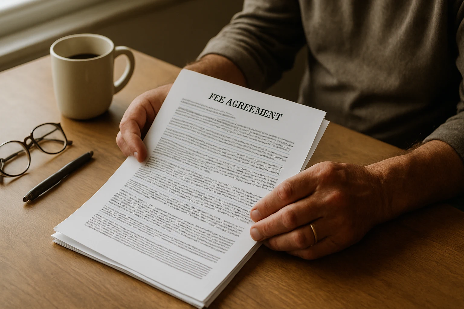 A Fort Wayne client reading a contingency fee agreement at the kitchen table in bright daylight