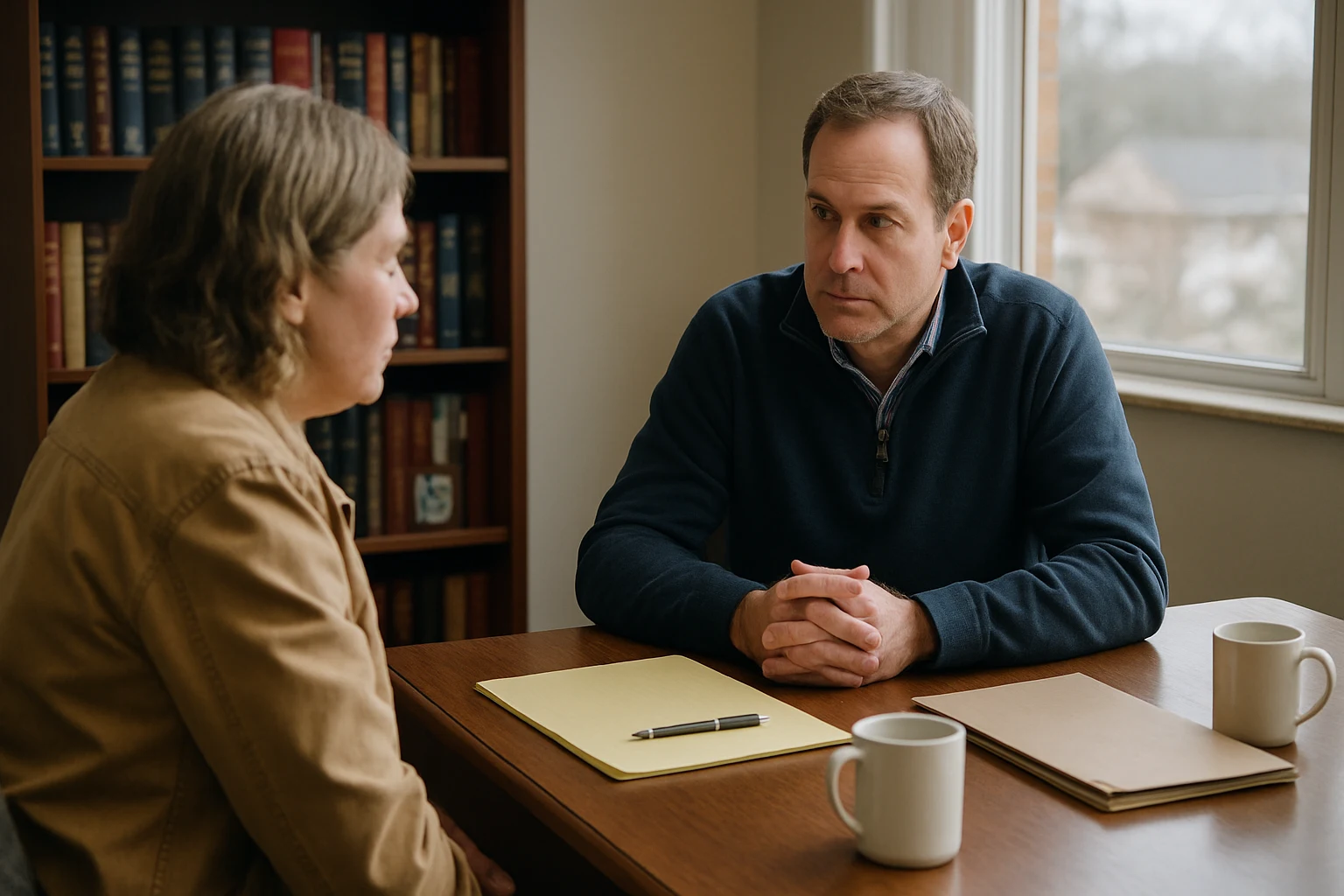 Fort Wayne small-firm attorney meeting with a client in bright window light