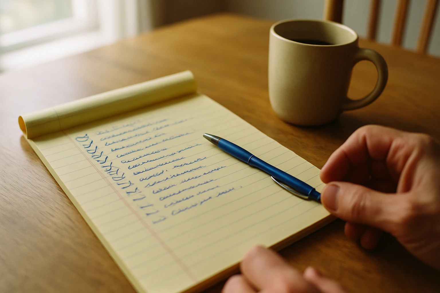 A handwritten checklist for choosing a Fort Wayne personal injury lawyer on a kitchen table