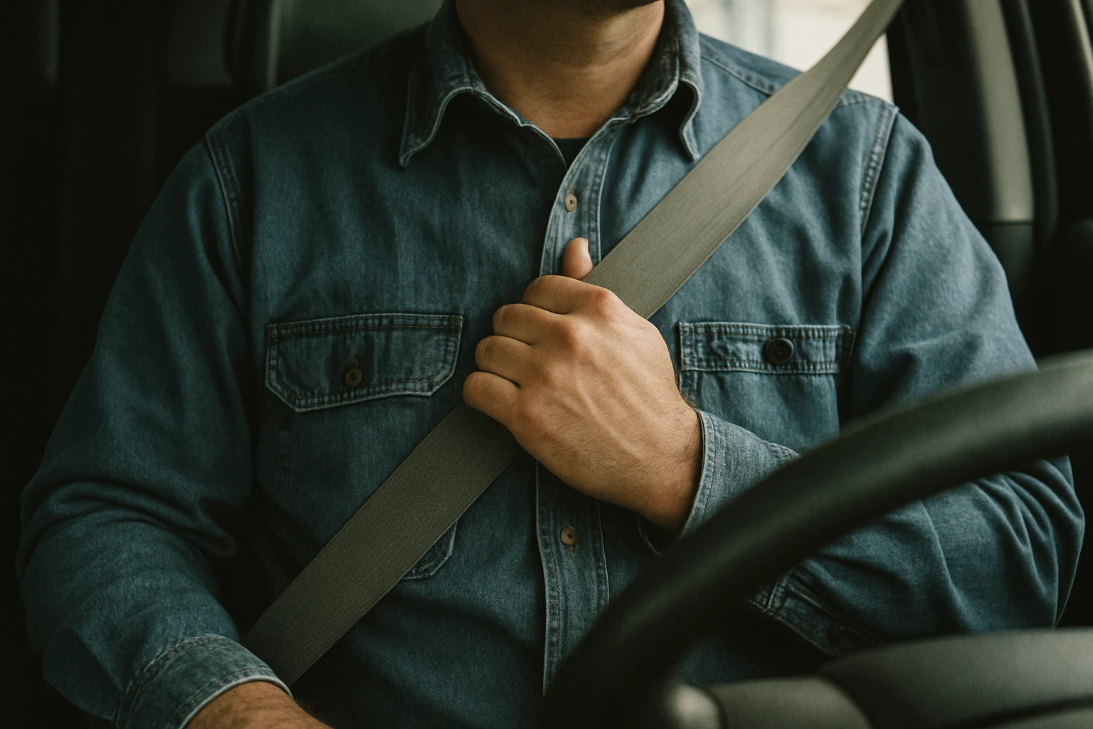 Close-up of a seatbelt crossing the chest and shoulder of a driver in a sedan after a Fort Wayne crash