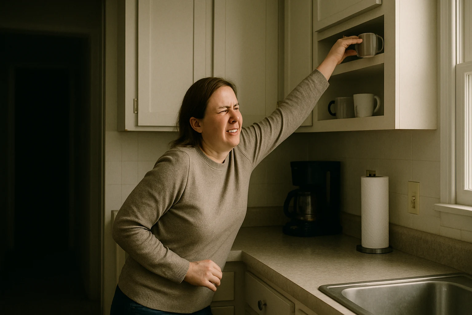 A Fort Wayne crash victim wincing while reaching for an item on a high shelf days after the accident