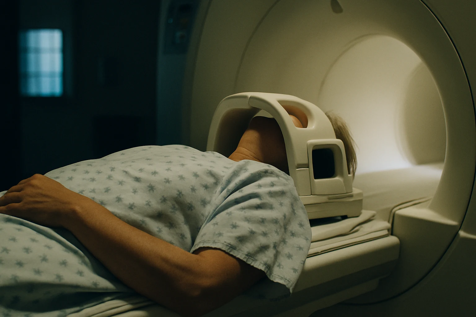 A patient lying on an MRI table at a Fort Wayne imaging center for a shoulder scan
