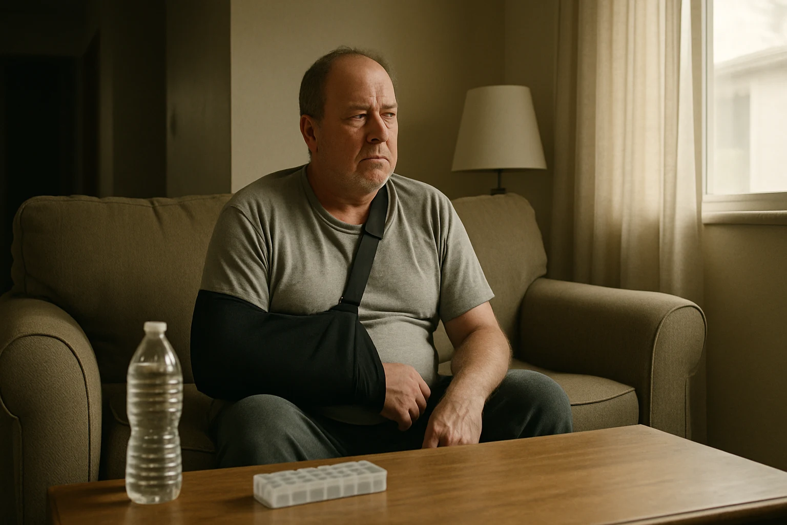 A Fort Wayne crash victim sitting at home with their arm in a sling after shoulder surgery