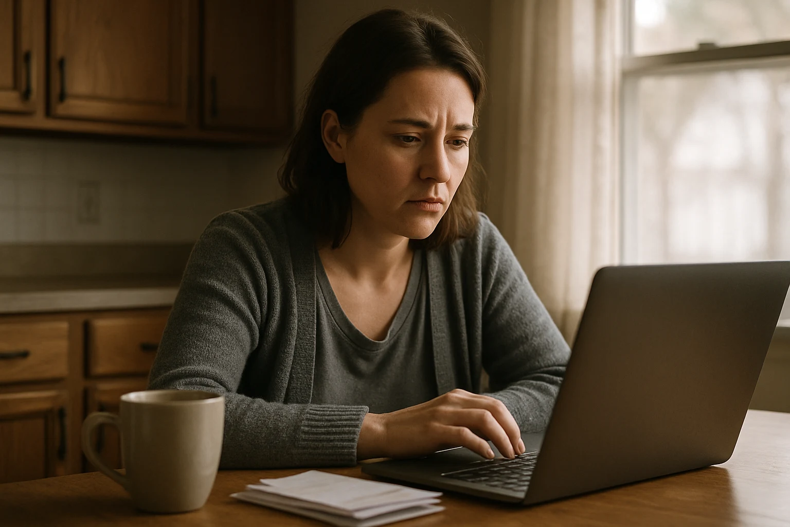 A Fort Wayne resident reviewing personal injury attorney websites on a laptop at a kitchen table