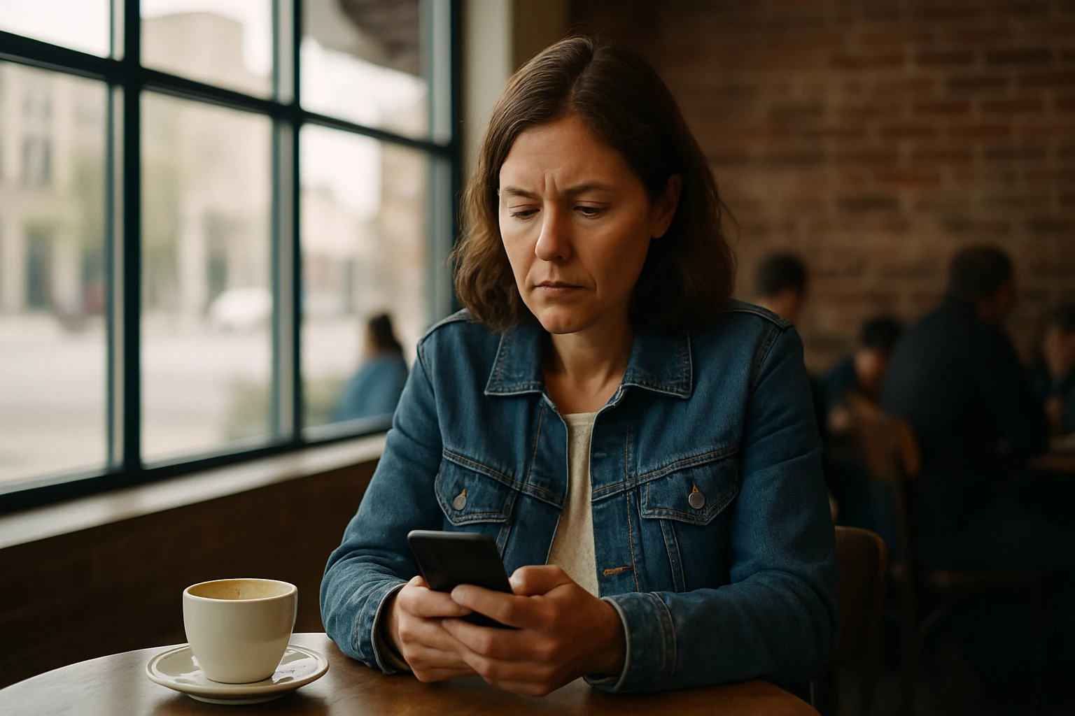 A Fort Wayne woman reading attorney reviews on her phone at a downtown coffee shop