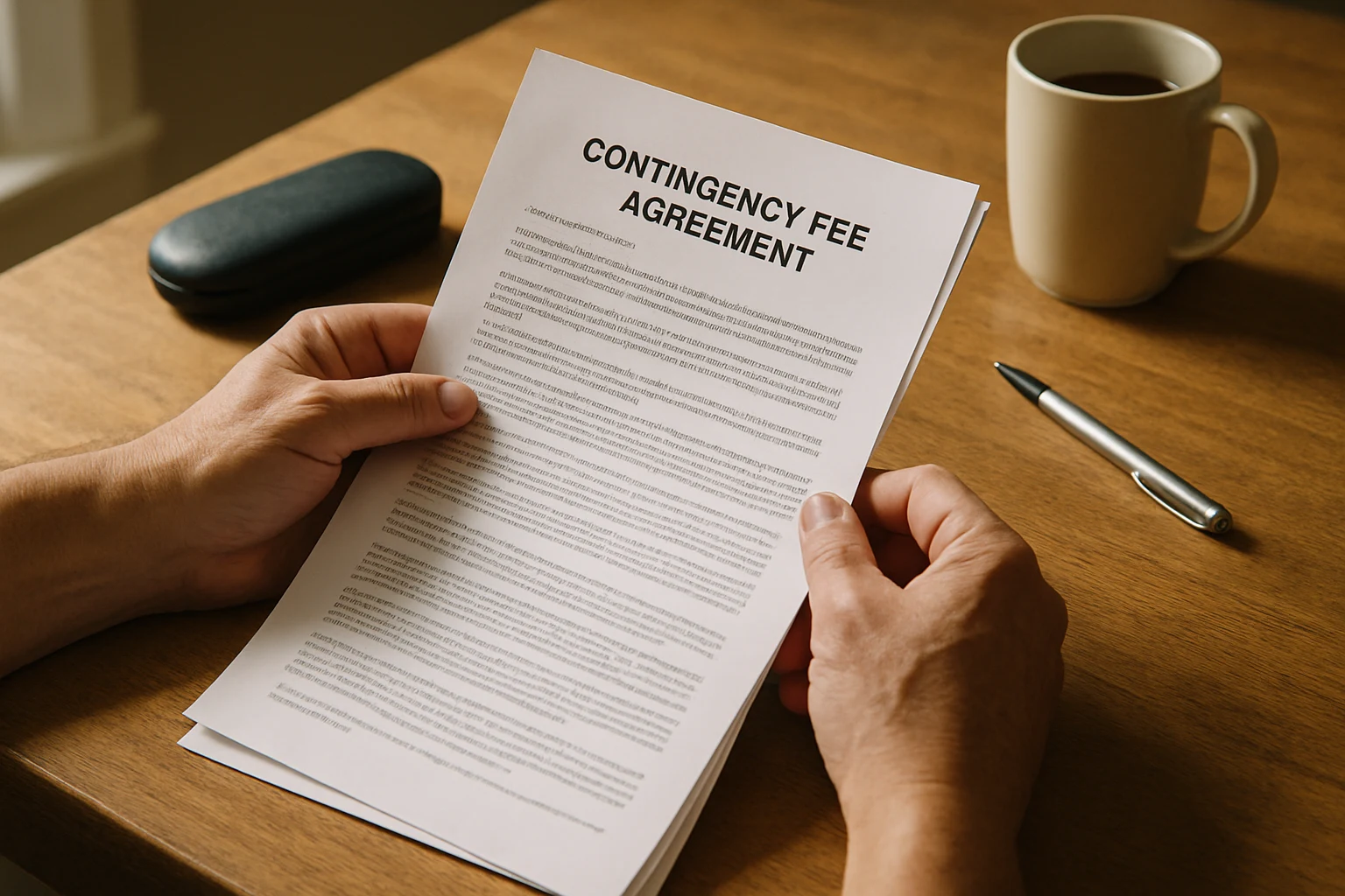 A Fort Wayne client reviewing a contingency fee agreement at a kitchen table in bright daylight