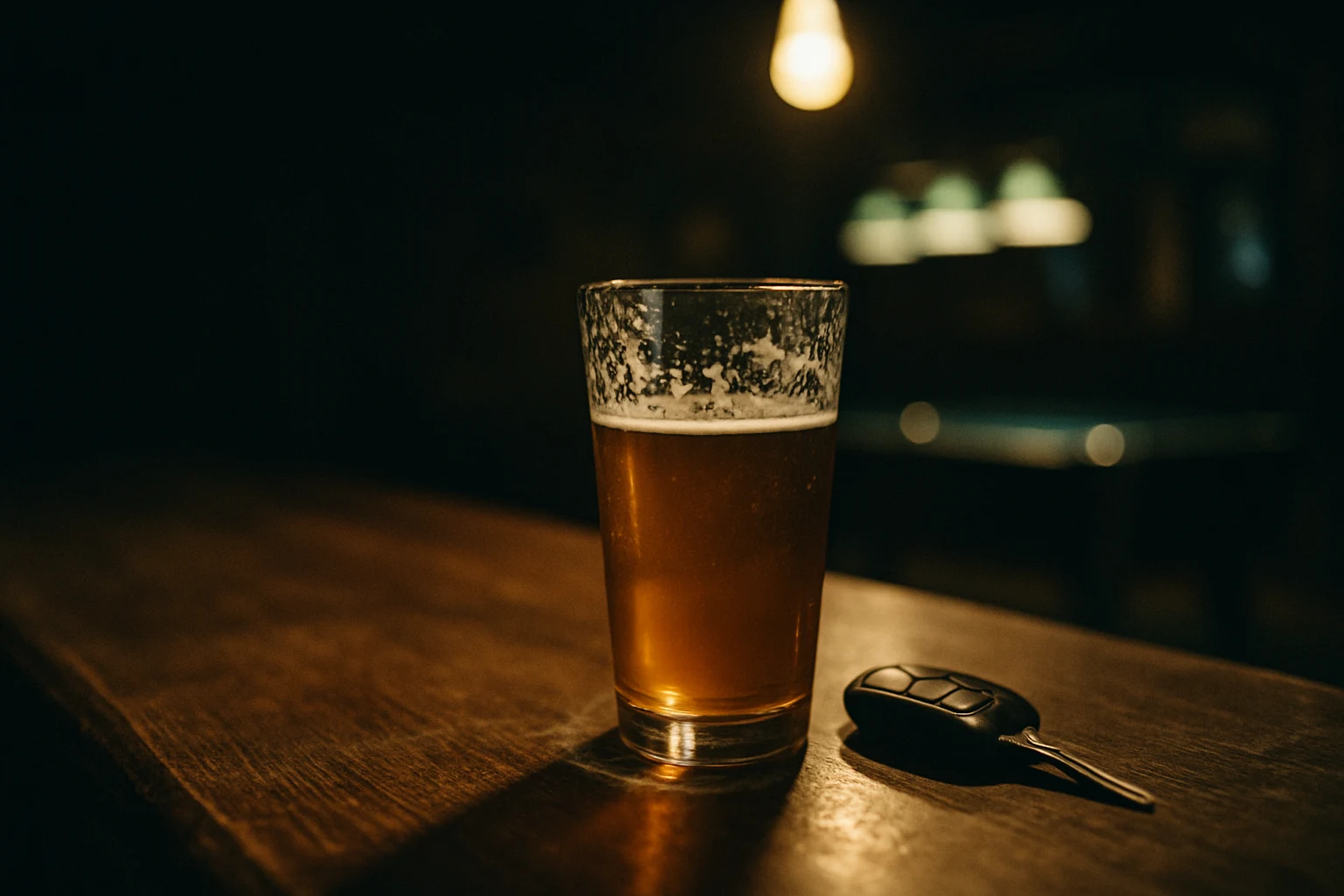 A half-finished glass of beer on a wooden bar in a Fort Wayne tavern with car keys on the counter