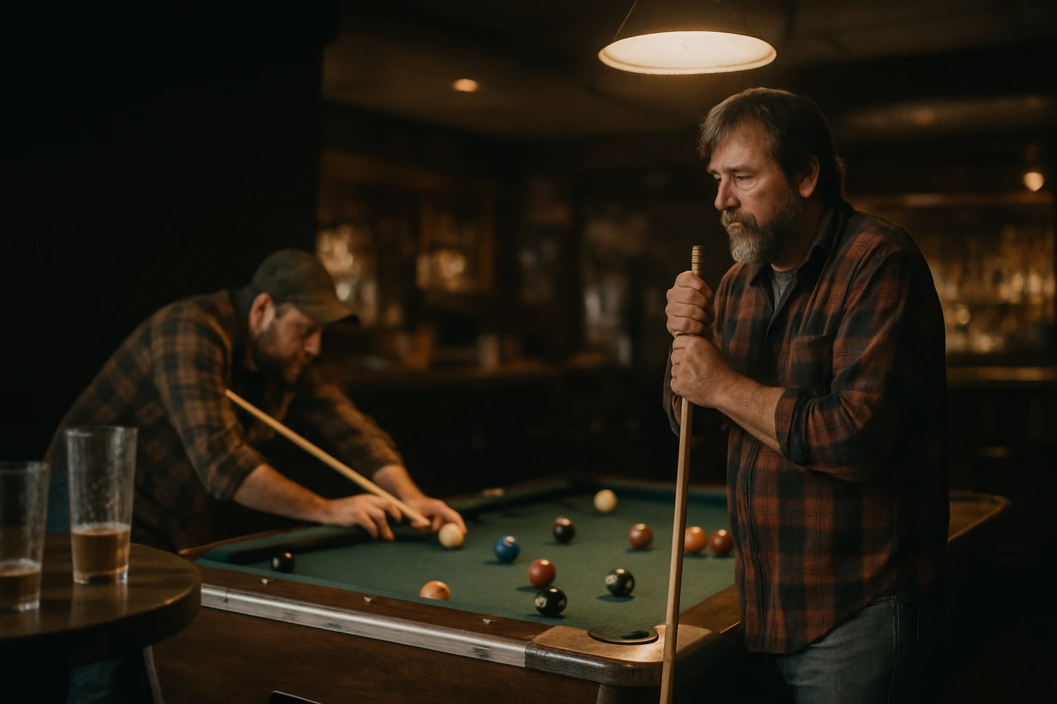 Two friends playing pool at a Fort Wayne bar with empty pint glasses on a high-top table