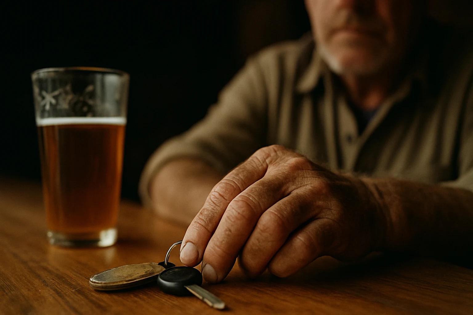 A pickup truck key in a hand on a Fort Wayne tavern bar with low warm lighting