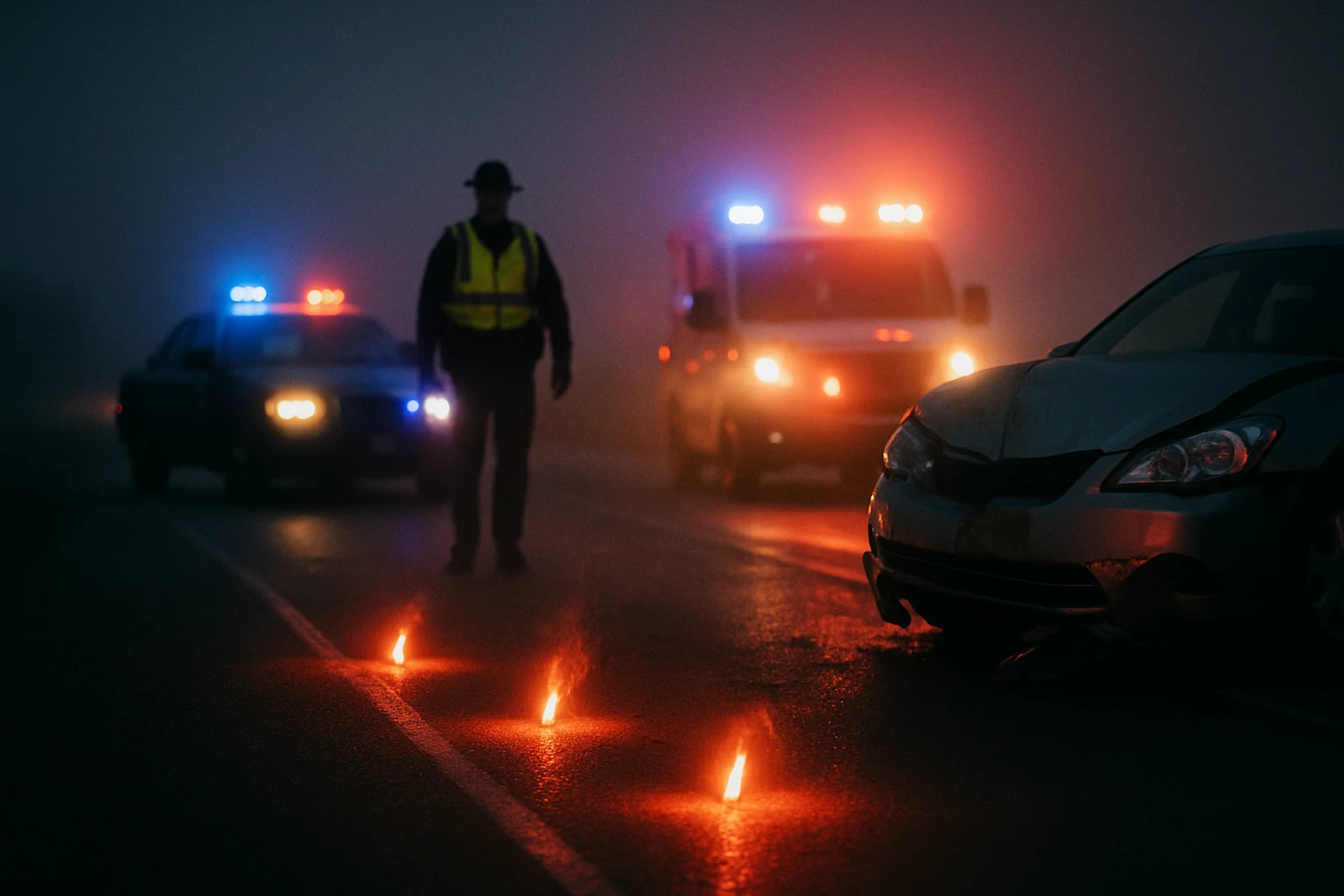 Highway flares burning at the scene of a nighttime crash on US-30 west of Fort Wayne