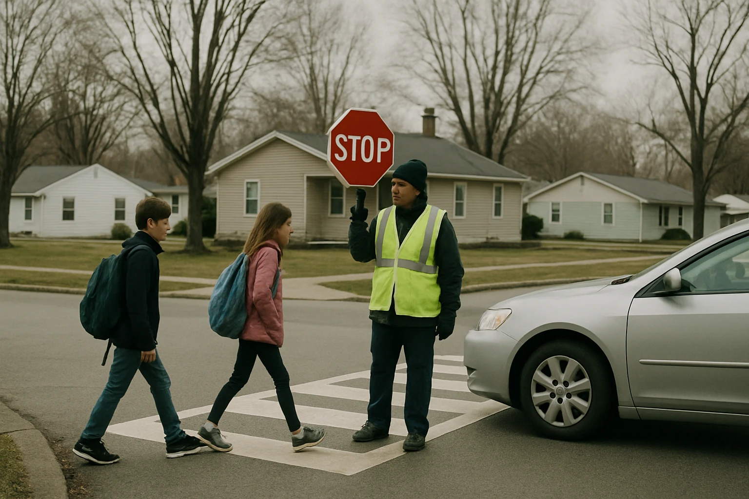 A Fort Wayne school zone with kids crossing a street while a driver looks at the dashboard