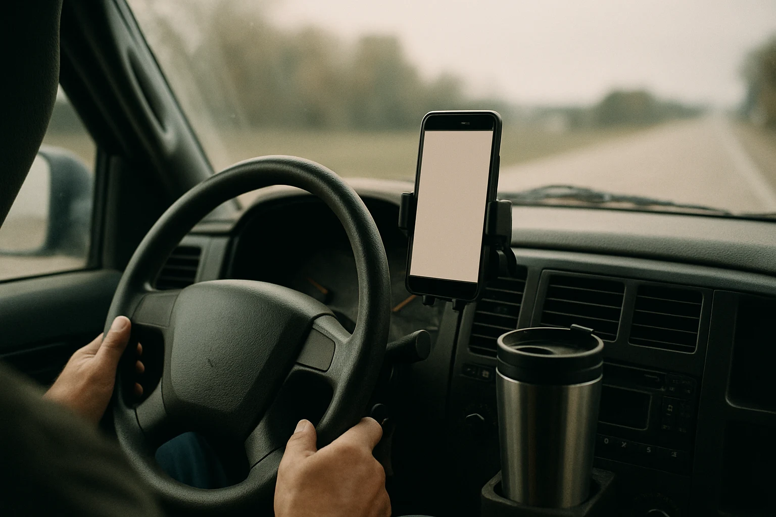 A phone mounted in a hands-free cradle on the dashboard of a midwestern pickup truck
