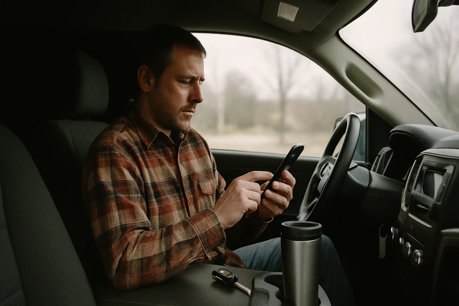 A driver placing a phone in Do Not Disturb mode before starting a midwestern pickup truck