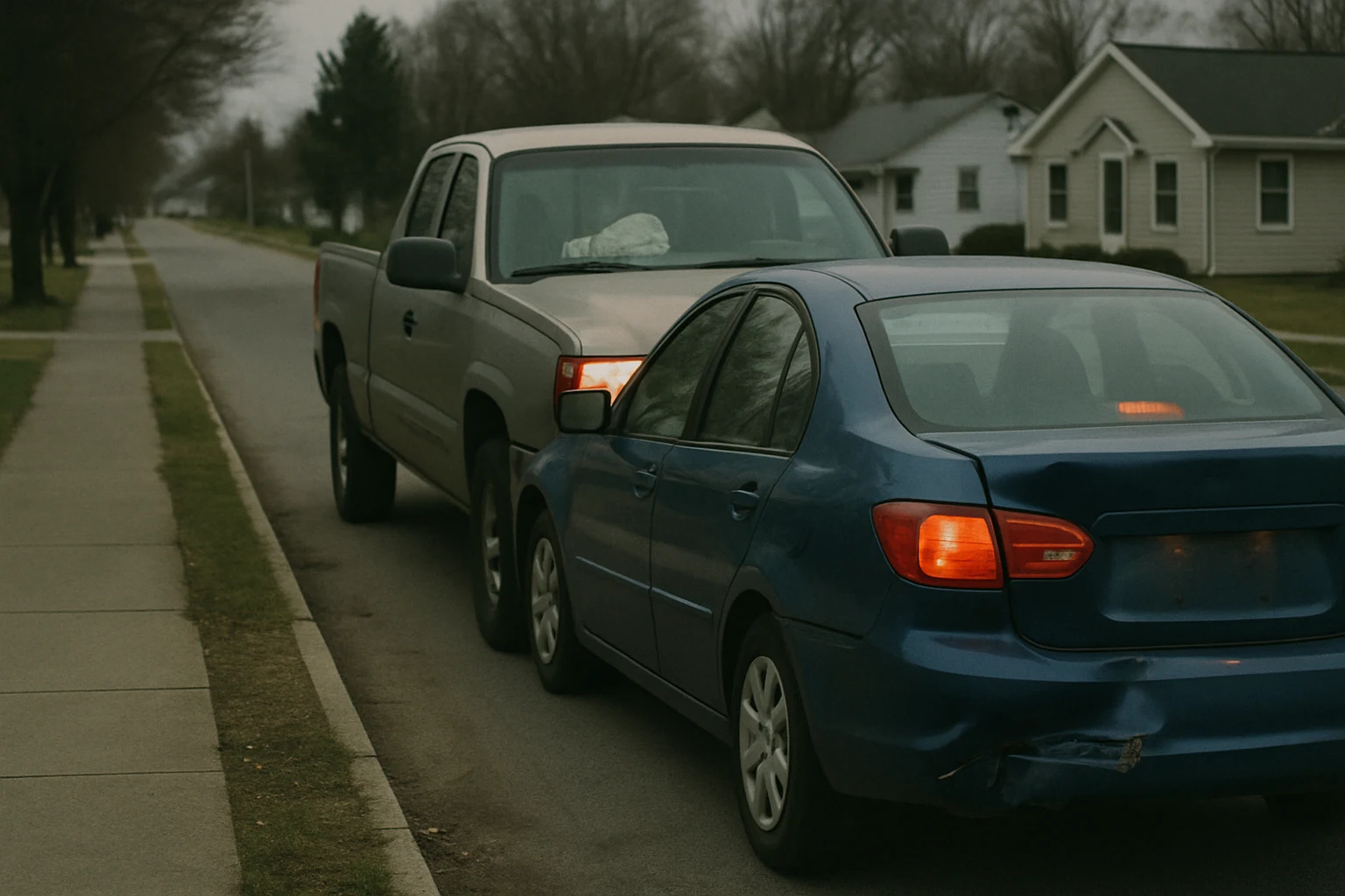 Two vehicles after a low-speed rear-end crash on a residential Fort Wayne street, brake lights still glowing