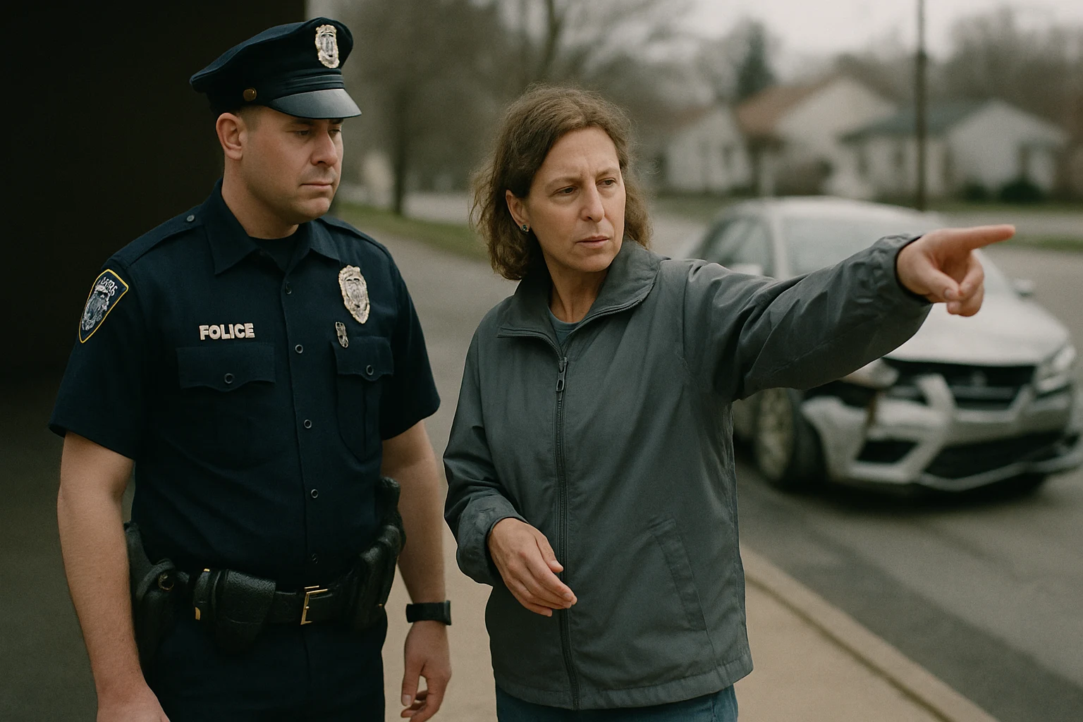 A police officer interviewing a witness on a Fort Wayne sidewalk after a crash