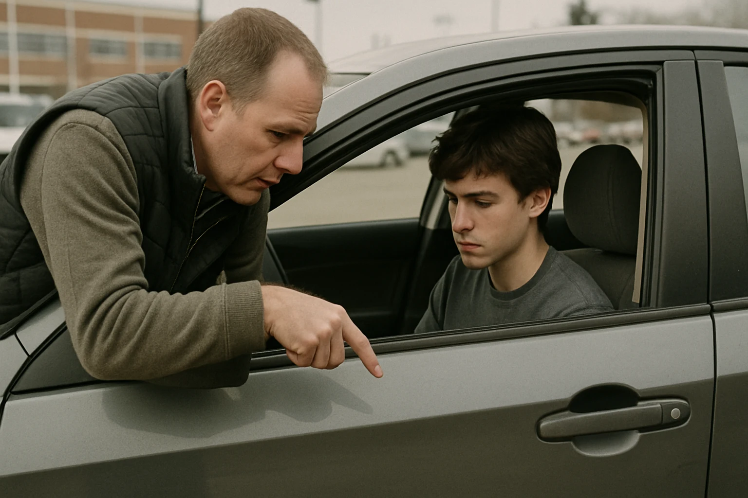 A parent coaching a teenage driver about phone-free driving in a Fort Wayne parking lot