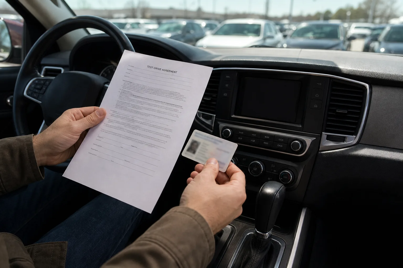 Customer reviewing a test-drive agreement inside a parked vehicle
