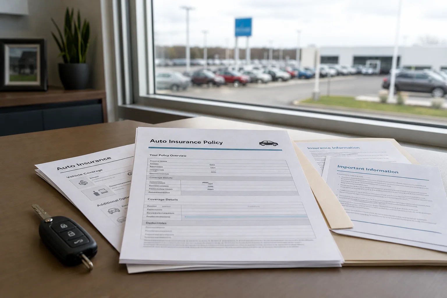 Insurance documents and vehicle key prepared for coverage review