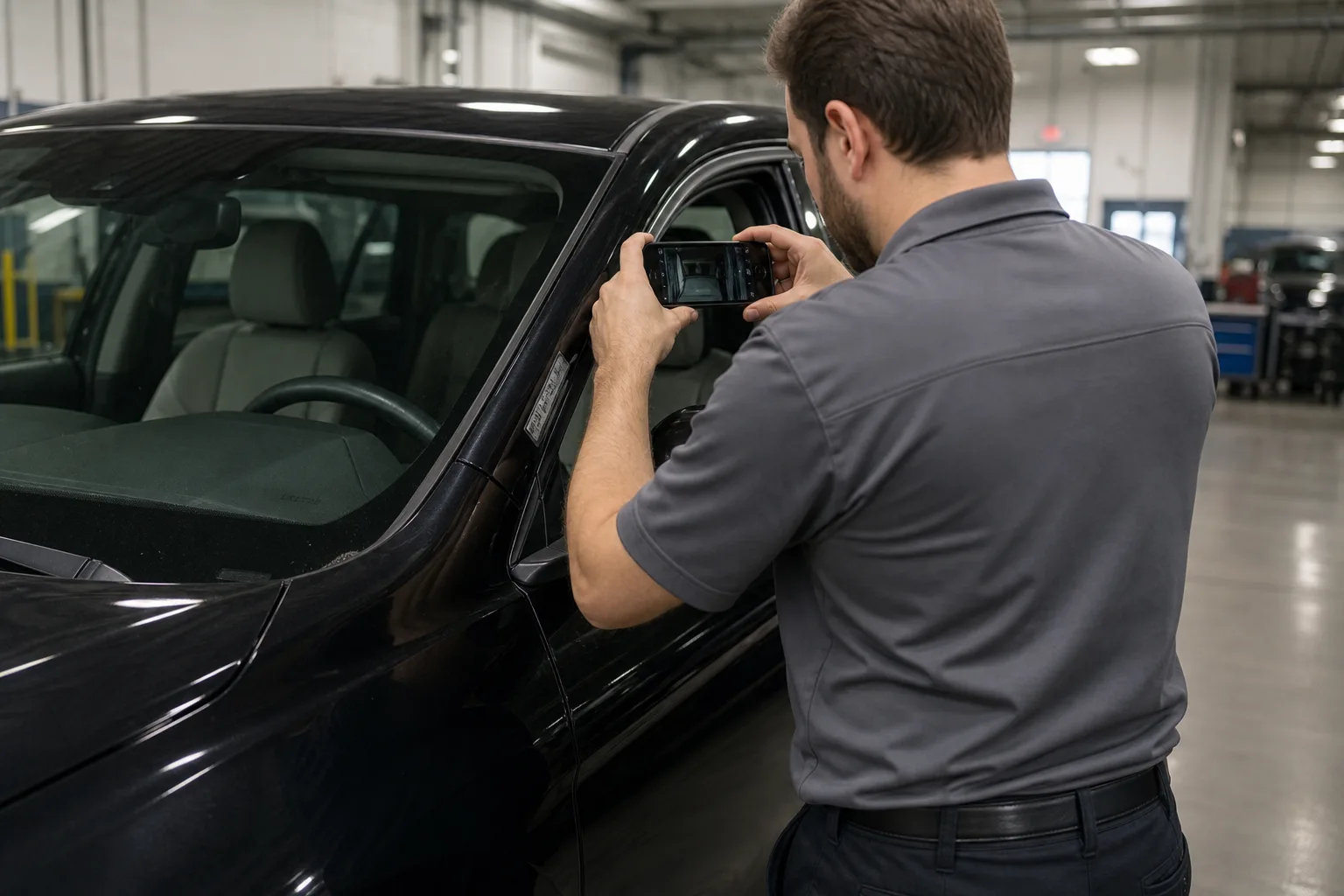 Dealership employee documenting a vehicle identification number