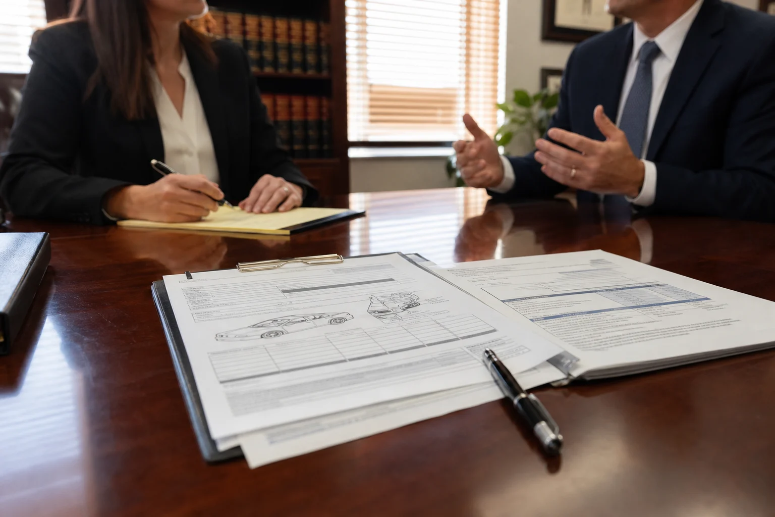 Crash report and workers’ compensation forms after a work vehicle accident.