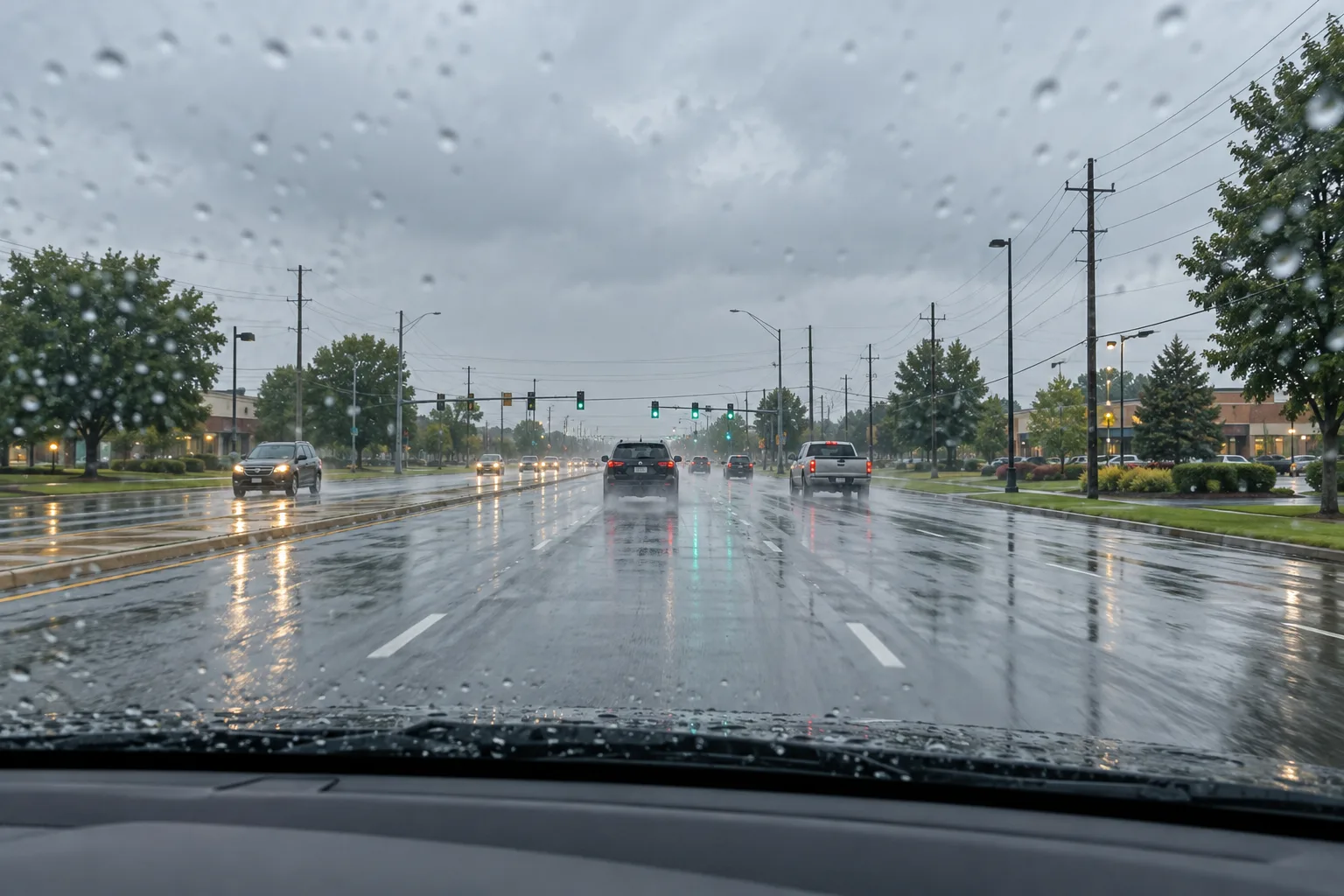Rain reducing visibility on a wet Fort Wayne-area road.