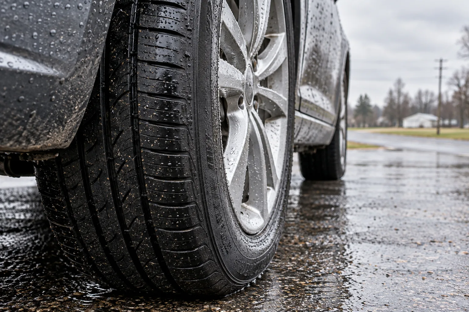 Passenger-car tire tread on wet pavement.