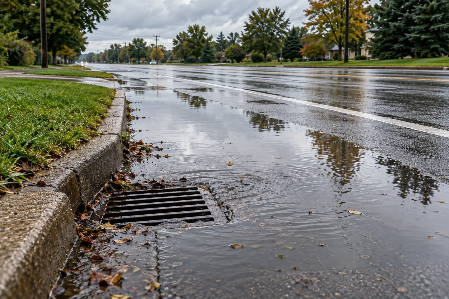Standing water near a storm drain beside an Indiana road.