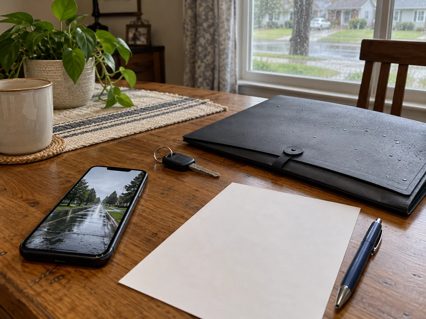 Phone and documents being organized after a wet-road collision.