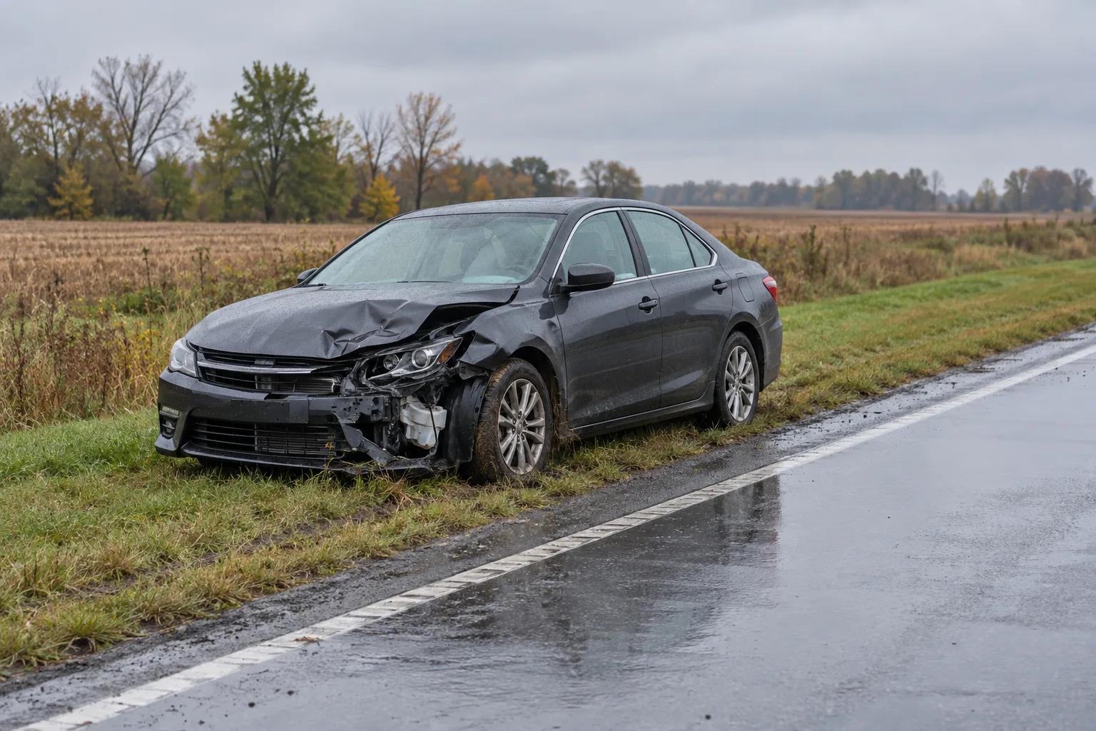 Damaged car parked safely beside a wet northeast Indiana road.