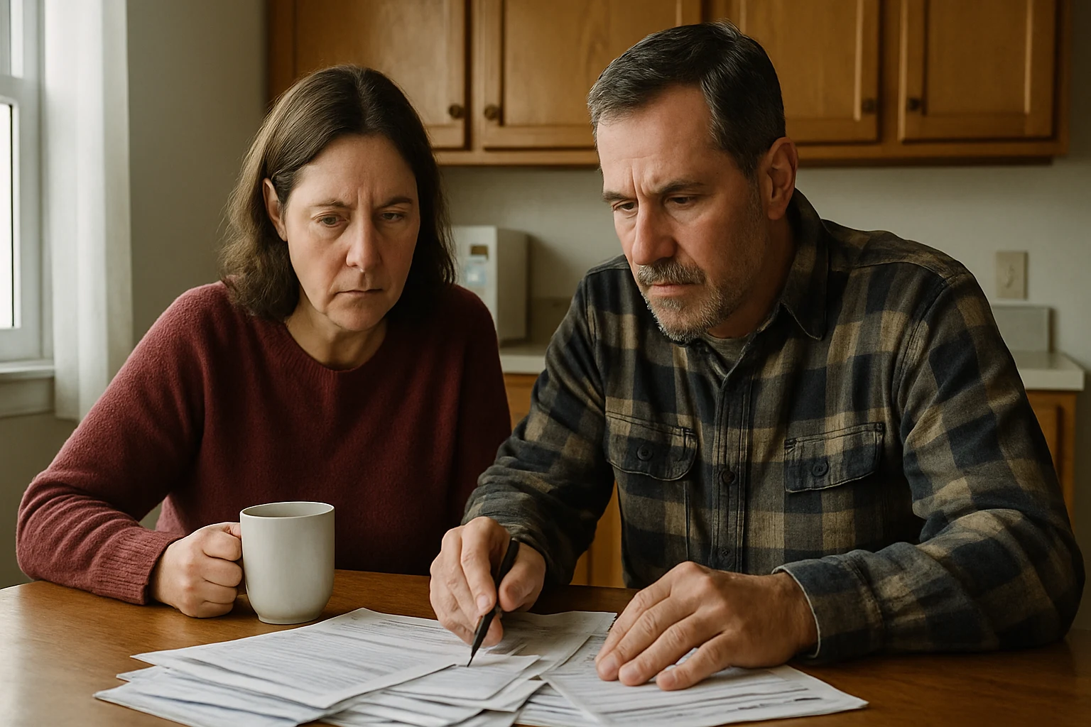 A Fort Wayne couple at a kitchen table reviewing medical bills after a car accident