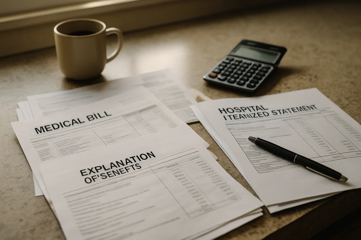 Stack of medical bills and explanation of benefits letters on a Fort Wayne kitchen counter