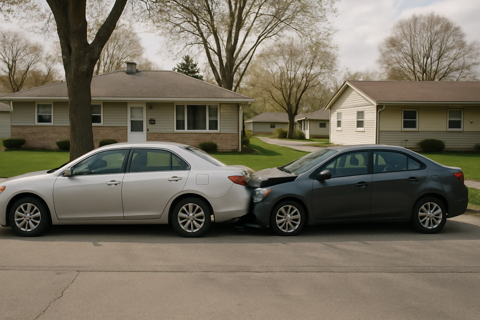 Two cars after a minor collision on a Fort Wayne residential street in bright daylight