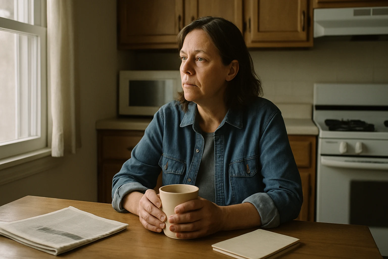 A Fort Wayne woman sitting with coffee thinking through whether to file an injury claim