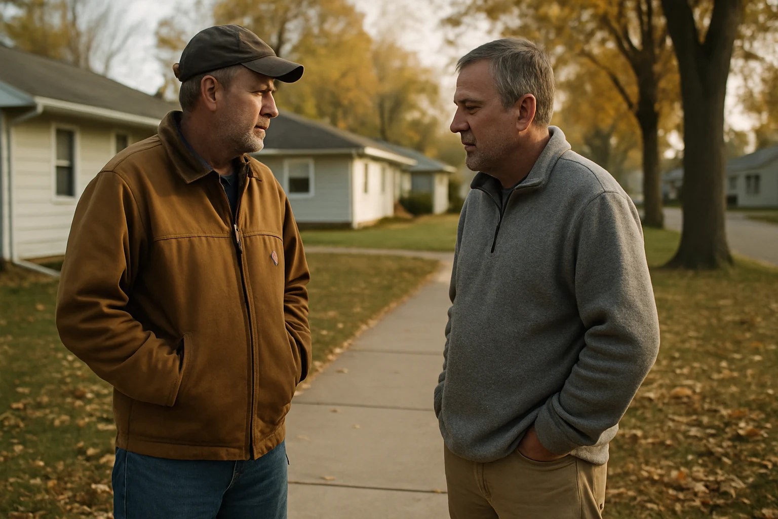 Two Fort Wayne neighbors talking quietly on a residential sidewalk in bright daylight