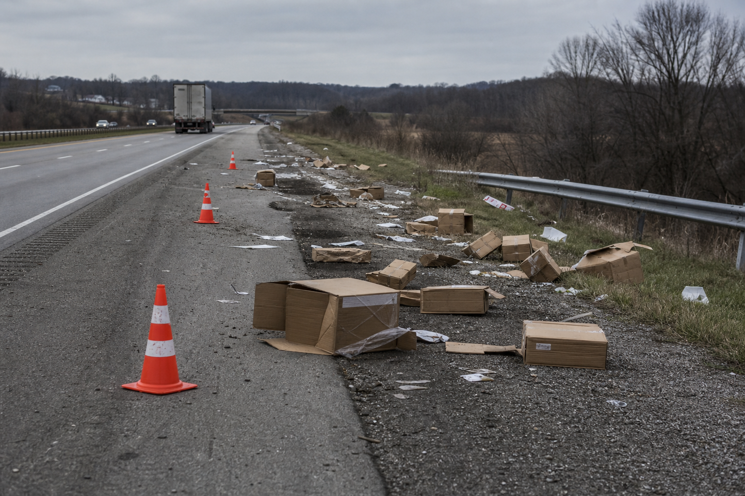 Cargo debris on an Indiana highway shoulder after a commercial truck lost its load