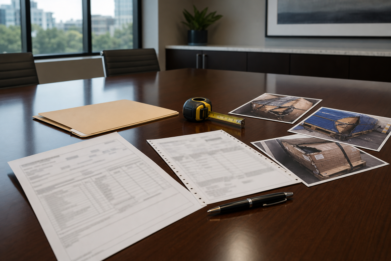 Truck accident cargo loading records and evidence reviewed on a law office table