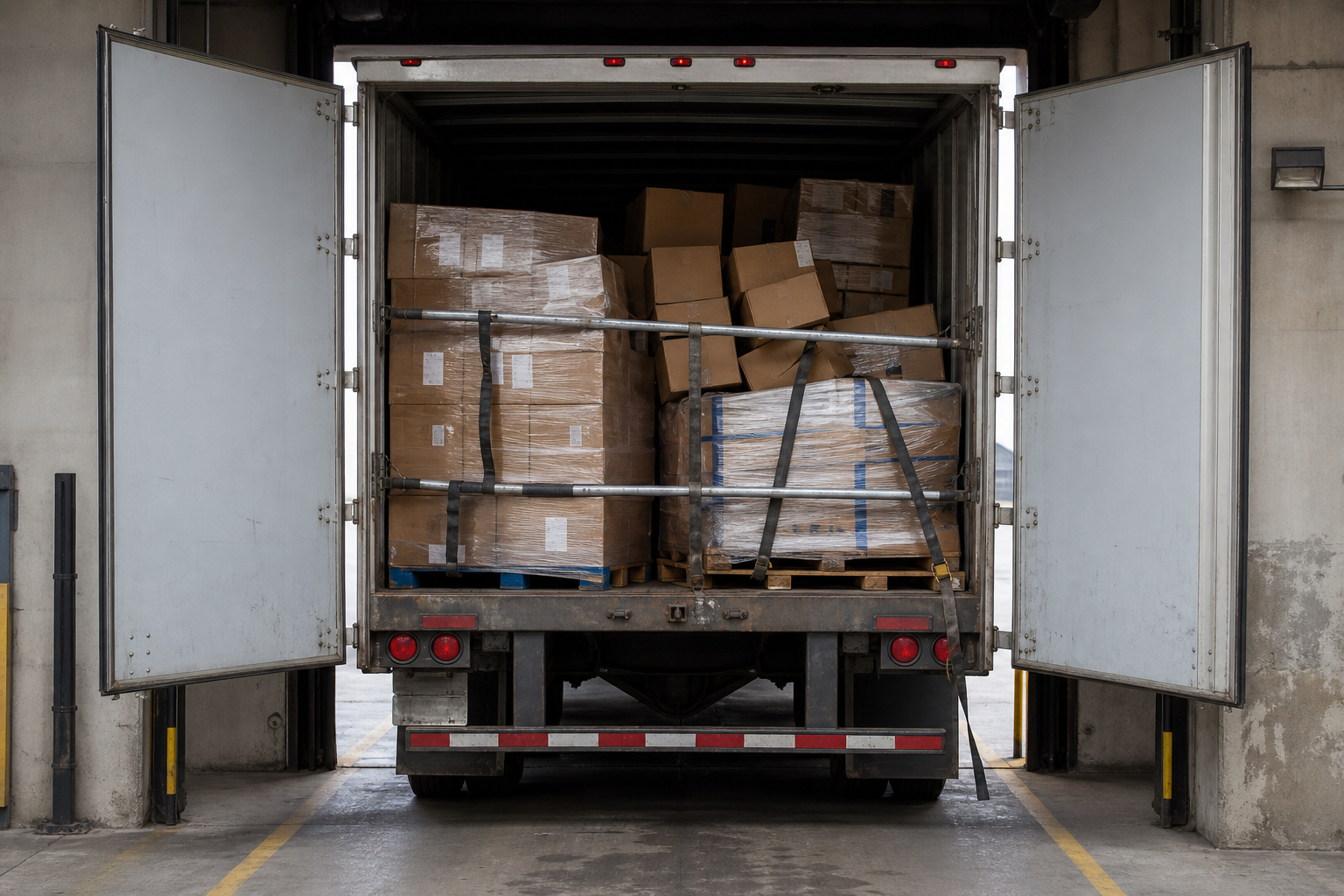 Unevenly stacked cargo inside the rear of a semi trailer at a warehouse bay