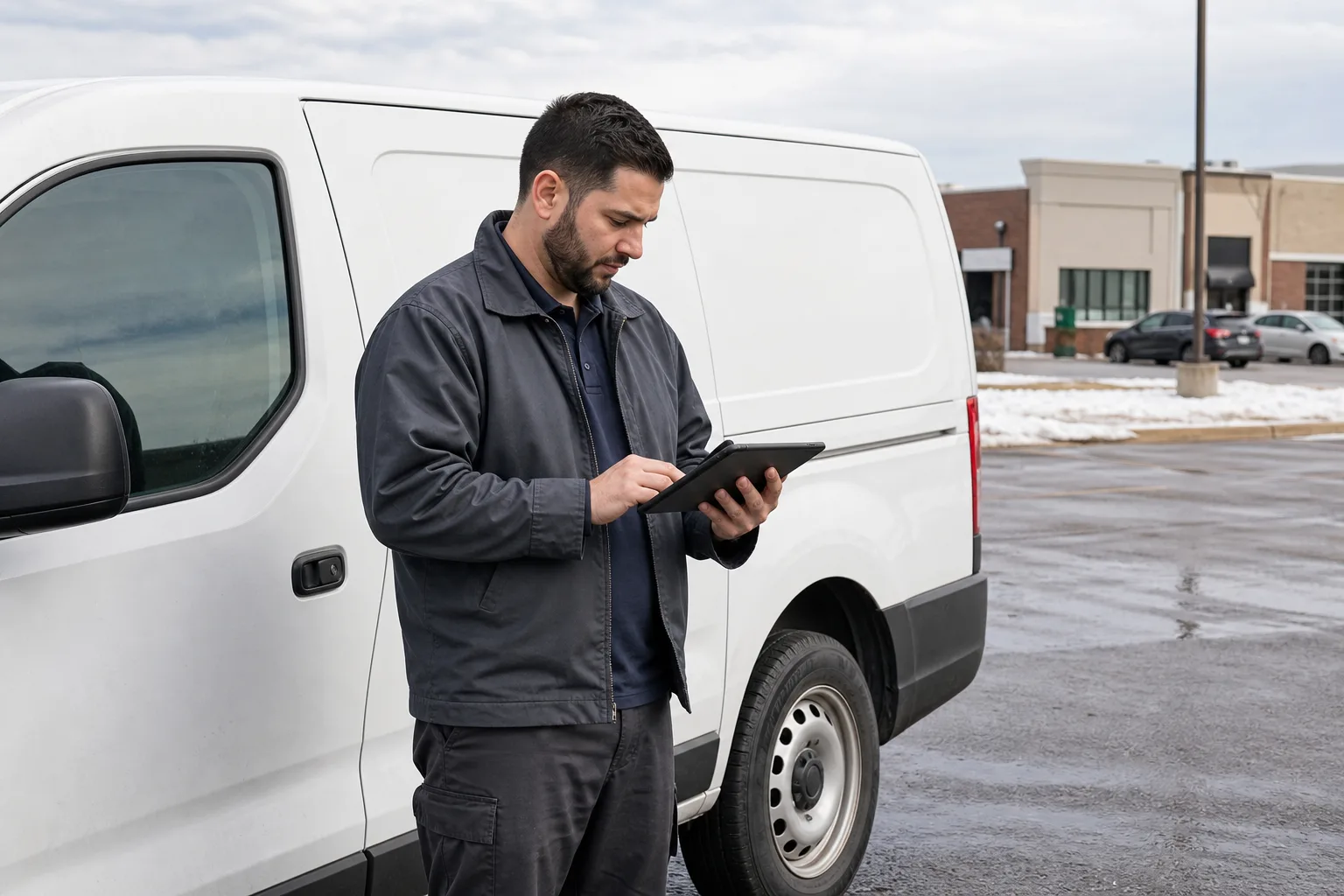 Delivery worker reviewing a schedule beside a work van in Fort Wayne