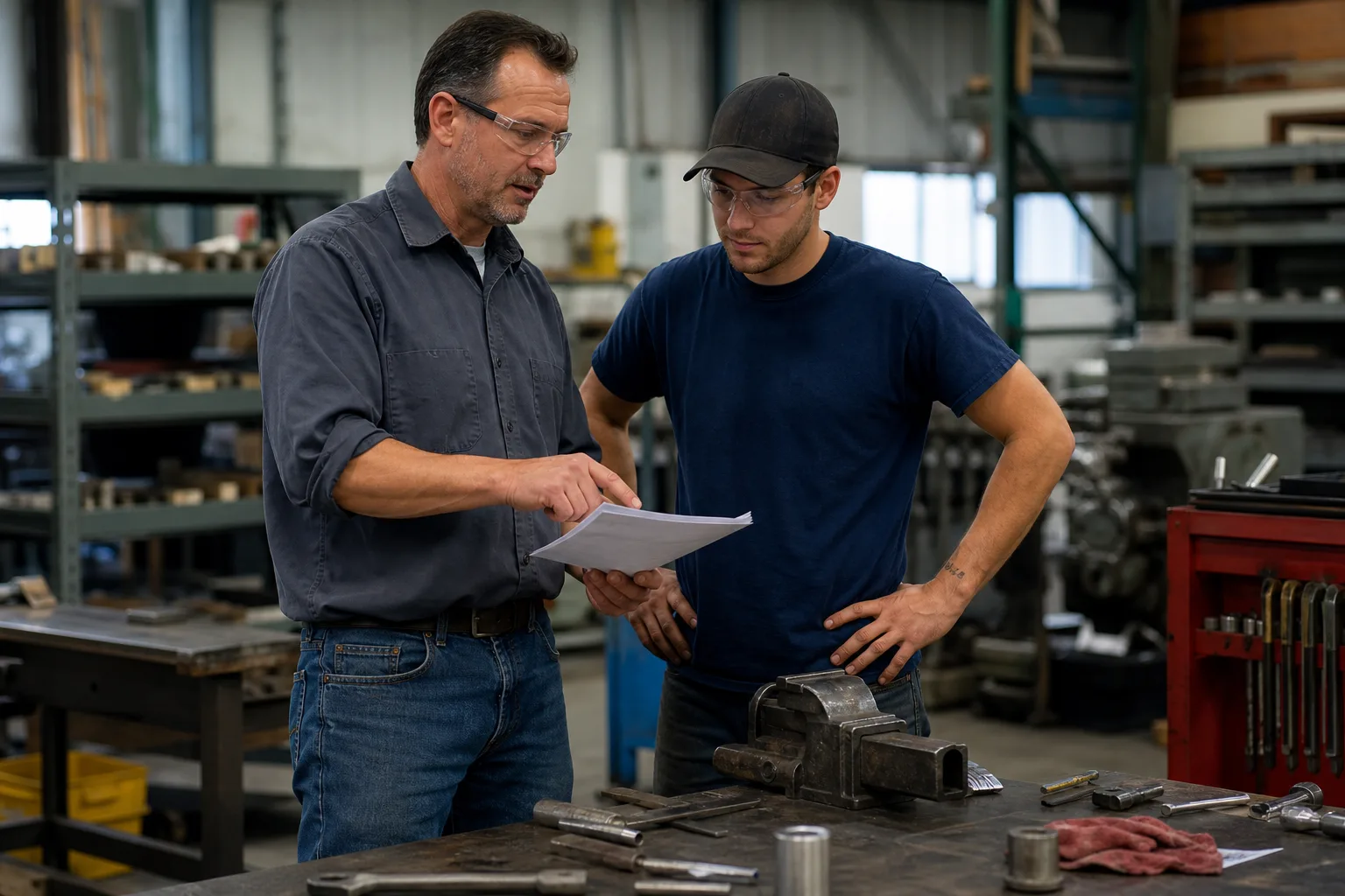 Supervisor explaining a workshop task to a worker in northeast Indiana