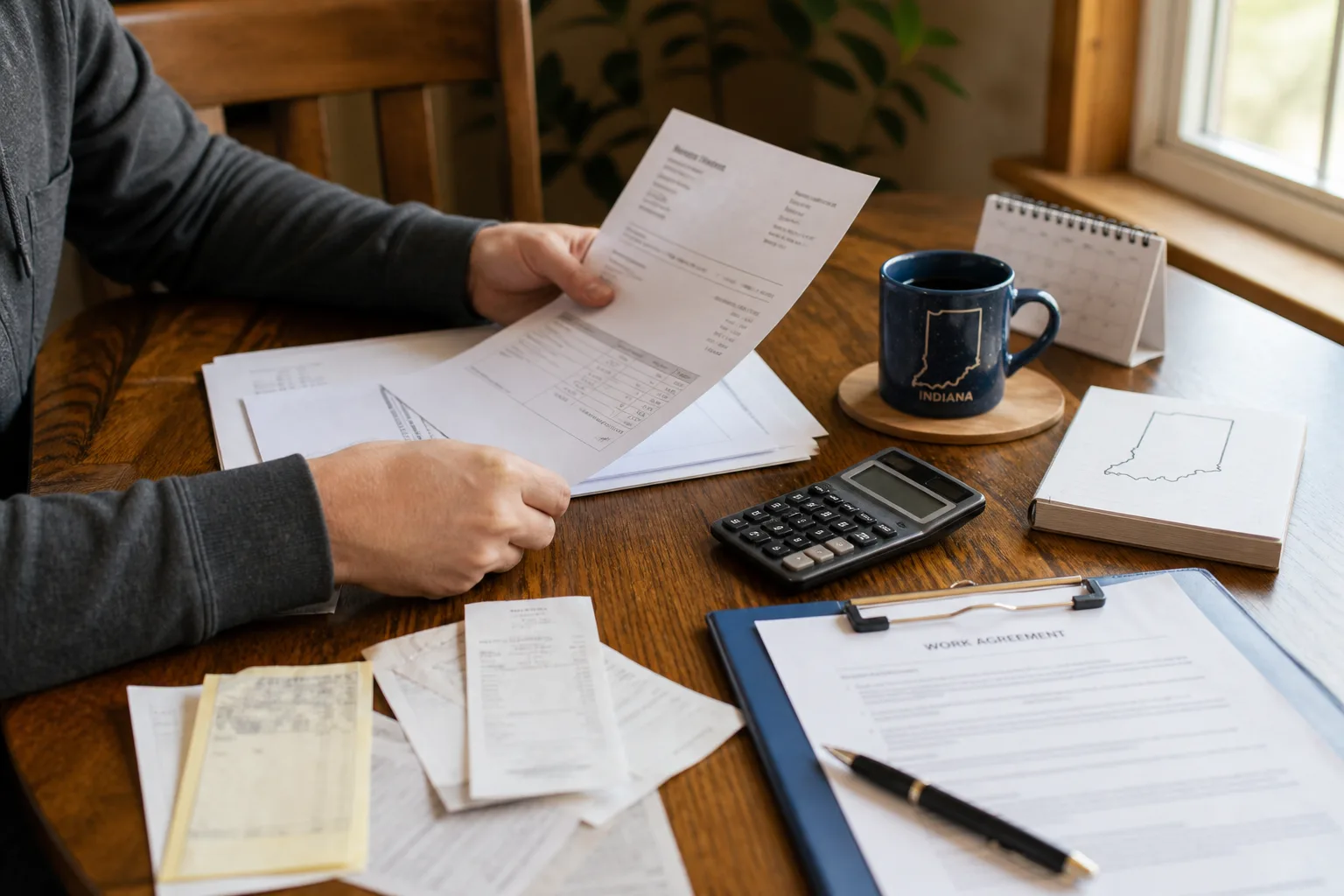 Indiana worker organizing invoices and work records at home